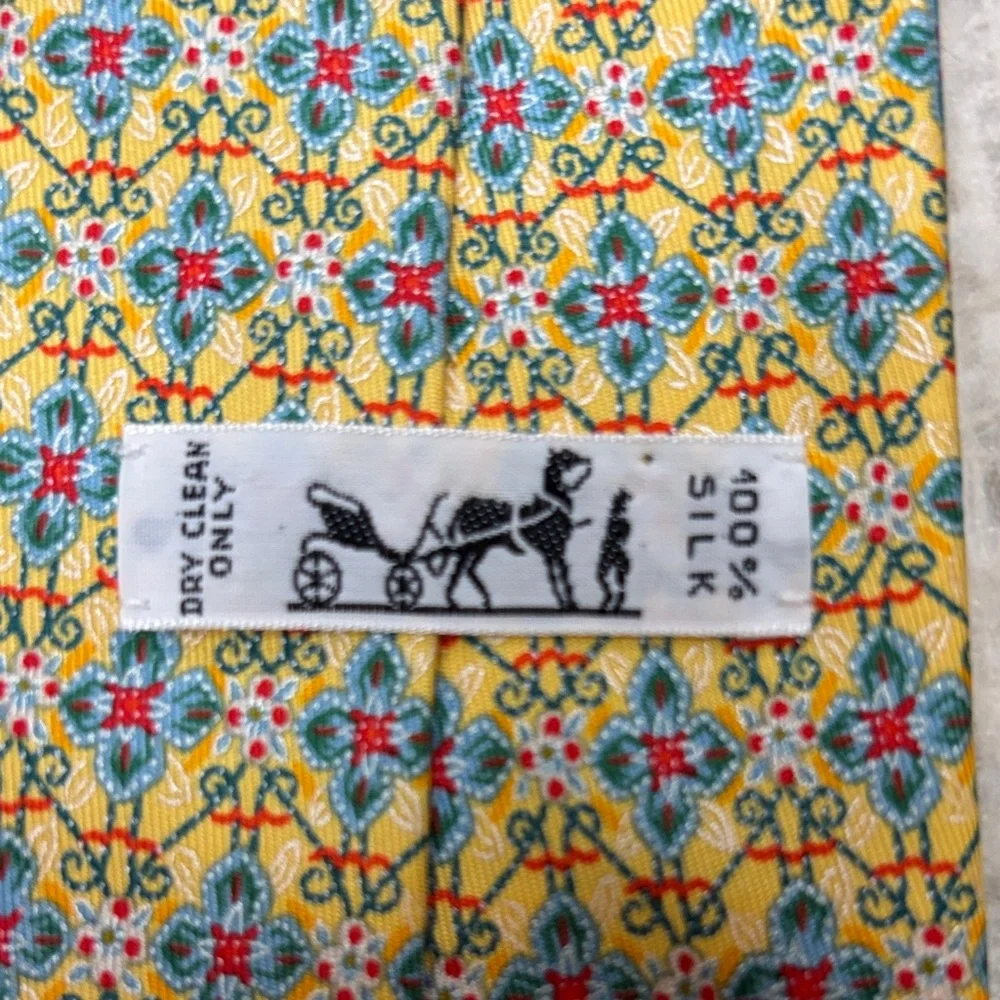Hermes Paris Elegant Multicolor Patterned  Silk Tie Yellow Blue - Picture 5 of 6